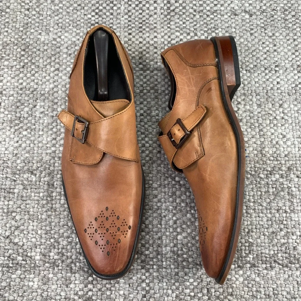 La Milano Monk Strap Shoes Men 12 Tan Leather Perforated Toe A11231